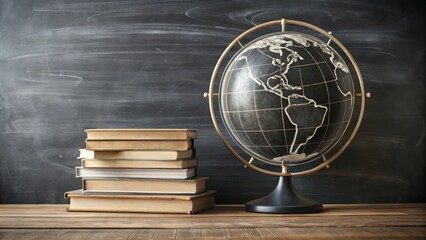 Aufkleber - A Classic Globe and Stack of Books Resting on a Wooden Desk Against a Dark Chalkboard Background, Symbolizing Education and Global Learning