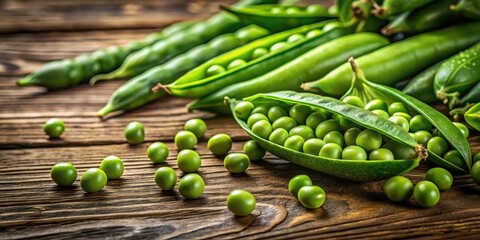 Poster - Fresh Green Peas on Rustic Wooden Surface A Bountiful Harvest of Vibrant, Nutritious Legumes