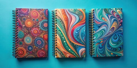 Poster - Three Vibrant Spiral Notebooks with Abstract Swirl and Circular Designs on a Teal Background