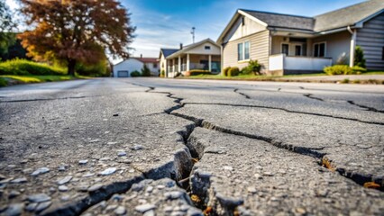 Poster - A deeply cracked residential street pavement showcasing significant deterioration, with a row of houses subtly visible in the background under a partly sunny sky