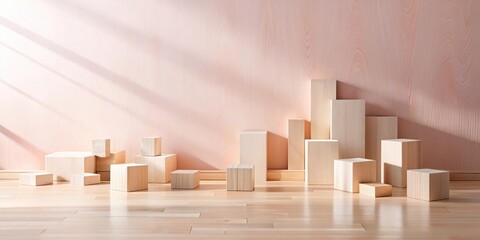 Aufkleber - Light Wooden Blocks Arranged Against a Pale Pink Wall in a Sunlit Room