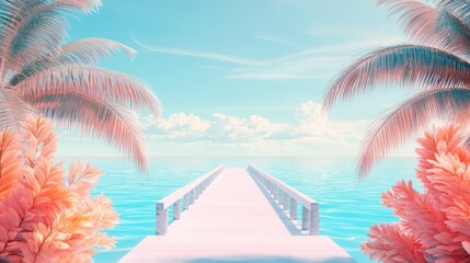 Sticker - Tranquil beach pier, pastel paradise, calm ocean, vacation backdrop, summer travel