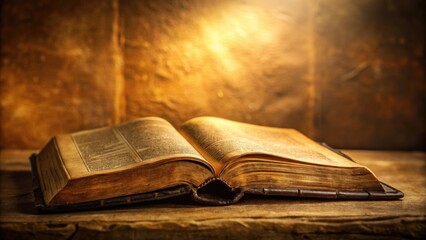 Aufkleber - Ancient Tome Open on Wooden Surface, Illuminated by Warm Light, Evoking a Sense of History and Knowledge