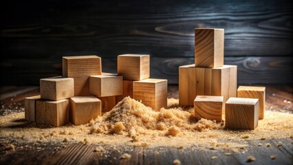 Poster - Wooden blocks arranged amidst wood shavings and a mound of granular material. A study in texture and form, showcasing the interplay of light and shadow on the crafted objects.