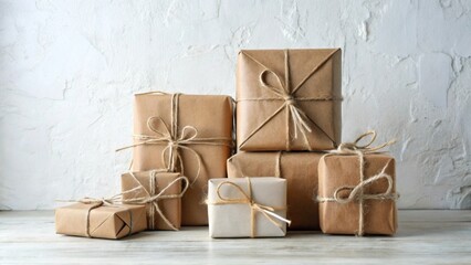 Poster - A Collection of Rustic Brown Paper Wrapped Gifts Tied with Twine on a White Wooden Surface