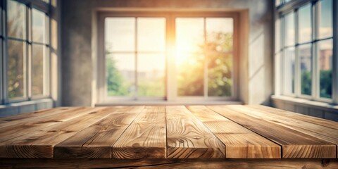 Aufkleber - Warm Sunlight Illuminates a Rustic Wooden Tabletop Near Bright Windows