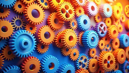 Aufkleber - Interlocking gears in vibrant blue and orange hues, symbolizing complex systems and collaborative processes.