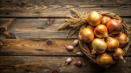 Aufkleber - Rustic Harvest Golden Onions and Garlic in a Woven Basket on Weathered Wood