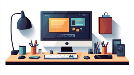 Poster - a modern workspace featuring a computer, desk lamp, stationery, and a neatly organized environment f