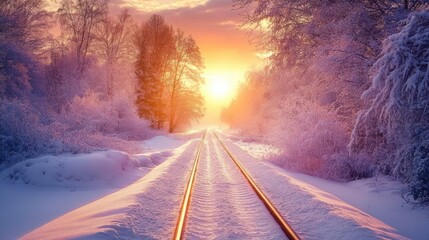 Wall Mural - A serene winter landscape featuring snow-covered railway tracks at sunset.