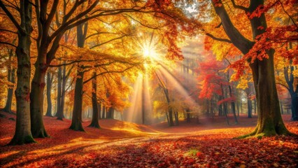 Poster - Golden Sunbeams Illuminate a Serene Autumn Woodland Landscape with Vibrant Foliage and Fallen Leaves