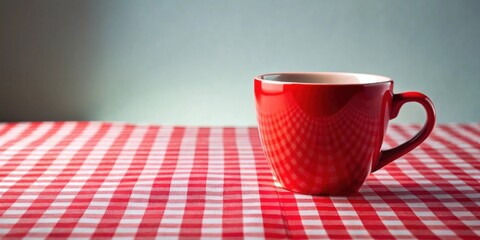 Poster - A single vibrant red mug rests on a crisp red and white checkered tablecloth, a simple yet striking image evoking feelings of warmth and comfort.