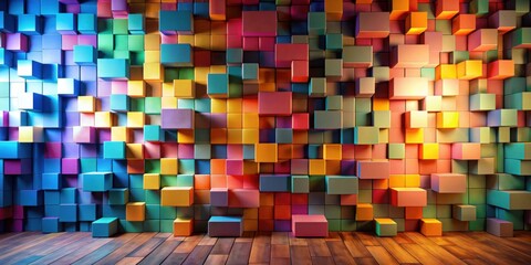 Poster - Abstract Colorful Cube Wall with Wooden Floor A Vibrant 3D Rendered Background Image Ideal for Modern Designs and Presentations
