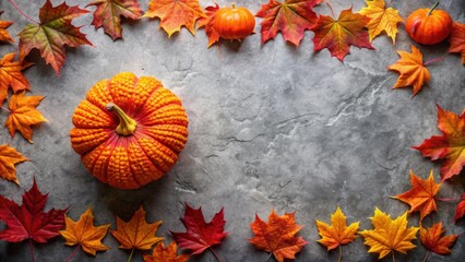 Aufkleber - Autumnal Still Life  A Vibrant Orange Pumpkin Centered Amidst a Frame of Colorful Fall Leaves on a Textured Stone Surface