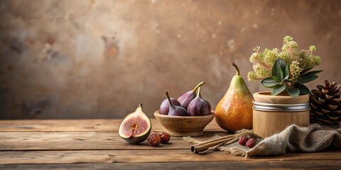 Poster - Rustic Still Life Featuring Figs, Pears, and Autumnal Accents on Wooden Surface