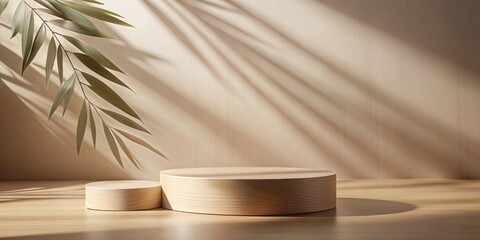 Aufkleber - Elegant wooden display platforms with natural light and foliage shadow
