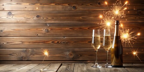 Aufkleber - Festive Sparkling Celebration Two Champagne Flutes and a Bottle Against a Rustic Wooden Background with Bright Cracklers