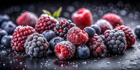 Poster - Frozen Berries A Close-Up of Mixed Raspberries, Blackberries, and Blueberries Coated in Frost