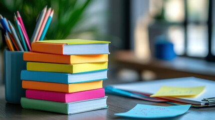 Poster - a colorful stack of sticky notes beside a desk with pens, creating a vibrant workspace atmosphere.