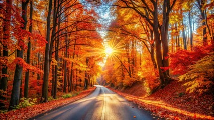 Poster - Autumnal Road Through a Sunlit Canopy of Vibrant Fall Foliage