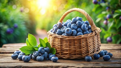 Poster - A wicker basket overflowing with plump, juicy blueberries sits on a rustic wooden surface, bathed in warm sunlight, surrounded by lush green foliage.