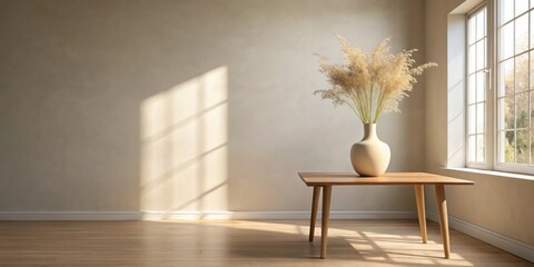 Aufkleber - Serene Minimalist Interior Sunlight Illuminates a Wooden Table with Dried Flowers in a Simple Vase Against a Neutral Wall