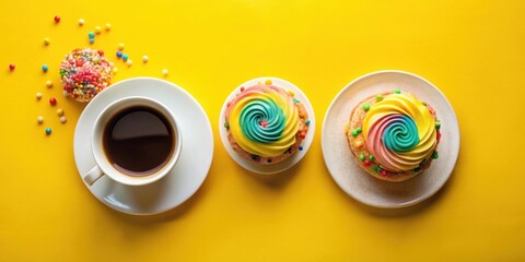 Poster - Vibrant Rainbow Swirl Cakes and Coffee on Yellow Background A Delightful Treat