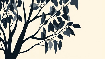 Wall Mural - Silhouette tree branches, leaves, pale background; nature design