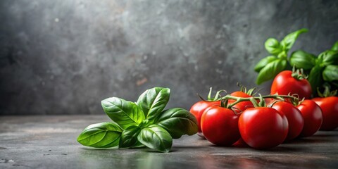 Poster - Vibrant Red Tomatoes and Fresh Green Basil on a Dark Surface, a Culinary Still Life Composition