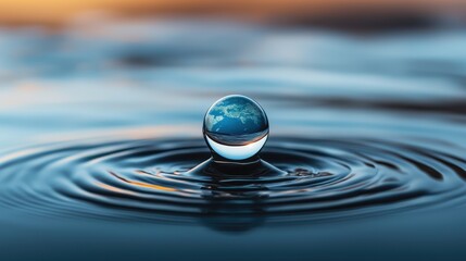 Poster - World Water Day Concept, Single Water Droplet on Fluid Surface Capturing Vibrant Blue Reflection of Earth in Magnifying Plan