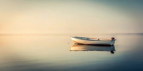 Poster - Serene Dawn A Small Rowboat Gently Rides the Calm Waters at Sunrise, Reflecting the Peaceful Ambiance