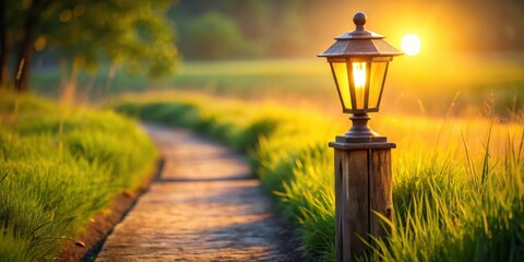 Poster - Illuminated Pathway at Sunset A Serene Garden Scene Featuring a Glowing Lantern