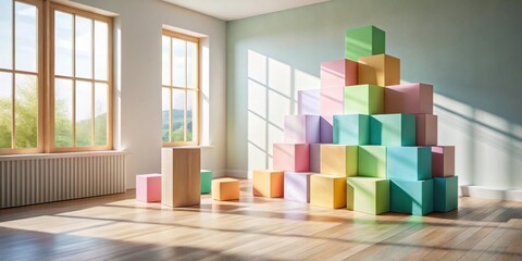 Poster - Pastel Cubes in a Sunlit Room with Large Windows and Wooden Floor