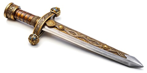 High-resolution photorealistic image: ancient medieval sword, isolated on white, showcasing its historical artifact blade.