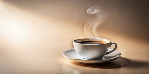 Aufkleber - Aromatic Steam Rising from a Cup of Dark Coffee on a Saucer, Illuminated by Soft Light