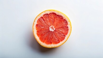 Poster - A vibrant, juicy grapefruit half, showcasing its radiant red segments and a bright yellow rind, rests on a pristine white surface, a simple yet striking still life composition.