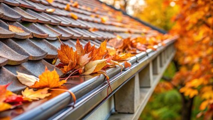 Poster - Autumnal Roof Gutter Clogged with Colorful Fallen Leaves, Requiring Seasonal Cleaning and Maintenance to Prevent Water Damage