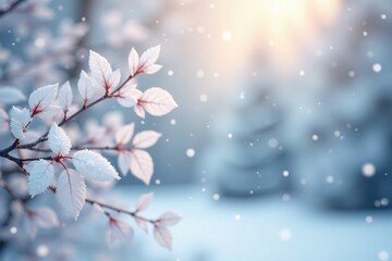 Softly falling snowflakes amidst white leaves against a serene abstract background, nature, gentle snowfall, calmness