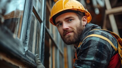 Poster - A construction worker in a hard hat focuses intently on his task while working on a window, showcasing determination and skill.