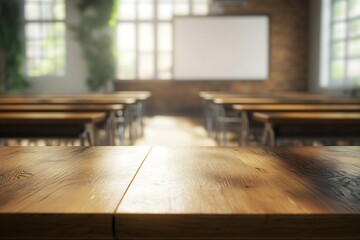 Wall Mural - A classroom with wooden desks and chairs. The room is empty and has a wooden floor.