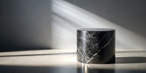 Poster - A cylindrical dark marble pedestal sits on a light marble floor, bathed in sunlight streaming through a window, creating a sophisticated and minimalist display setting.