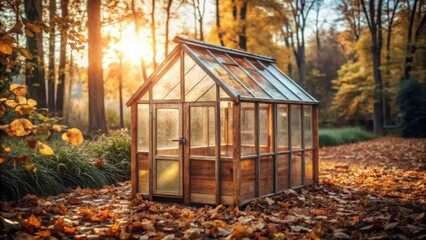 Poster - Rustic Wooden Greenhouse in Autumnal Woodland Setting Bathed in Golden Sunlight