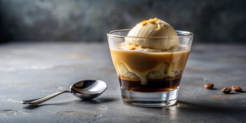 Poster - A delectable dessert drink featuring a scoop of creamy vanilla ice cream delicately melting atop a rich espresso base and a layer of sweet caramel