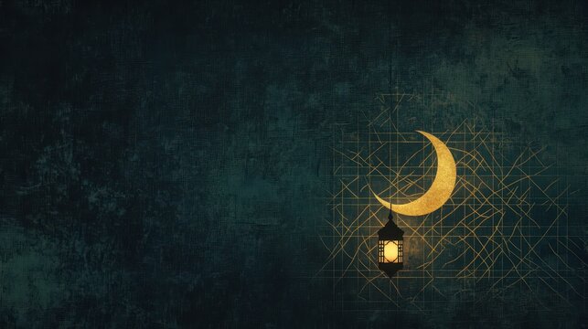 crescent moon, lantern, green background, room, place for text, ramadan, background,