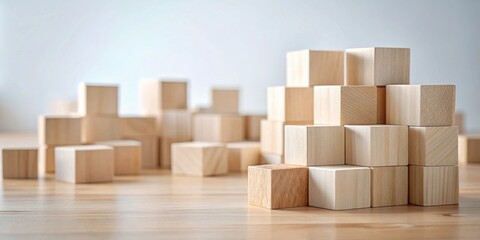 Aufkleber - Unstructured Wooden Cubes Arranged on a Light Wood Surface, Creating a Sense of Balance and Potential