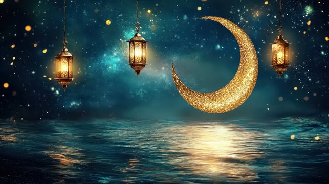 golden crescent moon, lantern, night stars, place for text, ramadan, background, fairytale