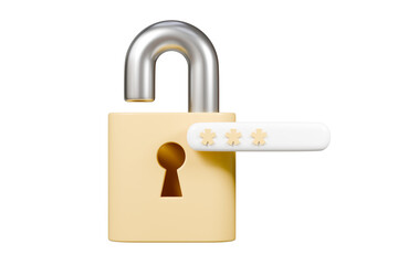 Poster - 3d Yellow Padlock with password icon on isolated. Data protection, private access icon, password security access, privacy protection, personal information. Security concept. 3d rendering.