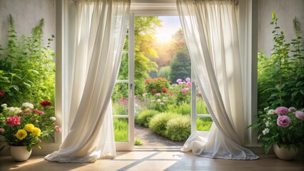 Poster - Serene Sunlight Illuminates a Blossoming Garden View Through Sheer Curtains Draped Elegantly in a Room Filled with Vibrant Floral Arrangements