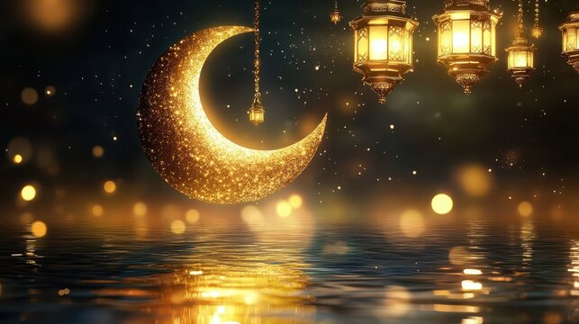 golden crescent moon, lantern, night stars, place for text, ramadan, background, fairytale