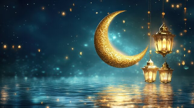 golden crescent moon, lantern, night stars, place for text, ramadan, background, fairytale